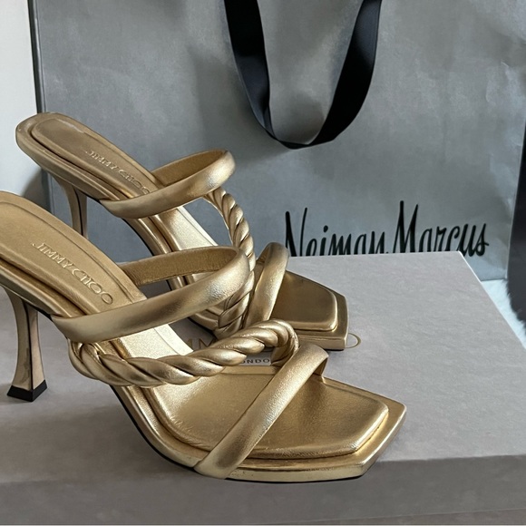 NWT  Jimmy Choo Diosa Gold Metallic Three Band Stiletto Heel Sandals - Picture 6 of 11